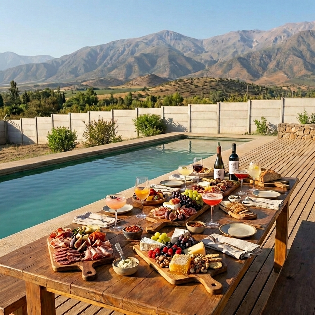 Mesa de cóctel gourmet junto a la piscina