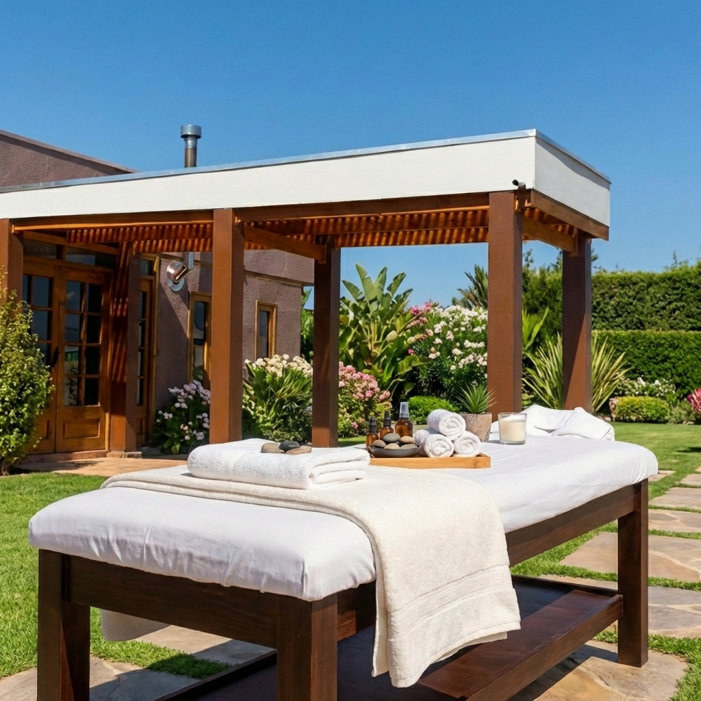 Camilla de masaje spa junto a la piscina