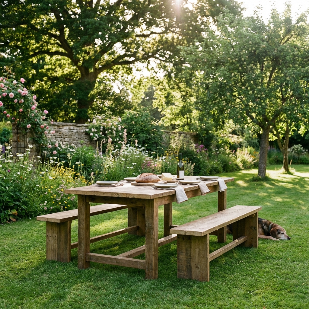 Mesa rústica en el jardín